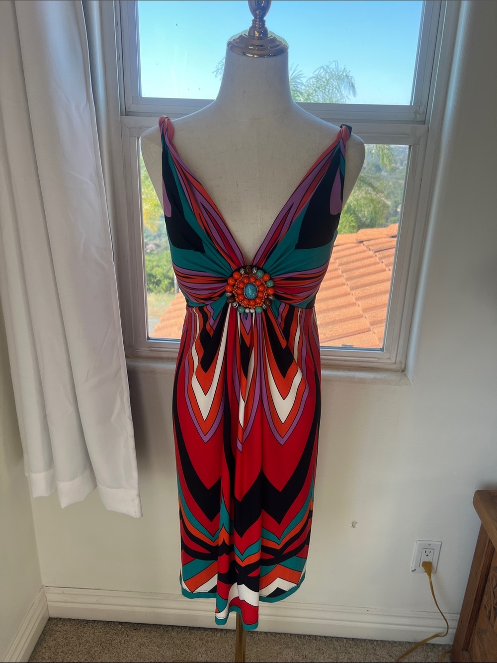 Muse Red Multi-Color V-Neck Midi Dress with Jeweled Waist